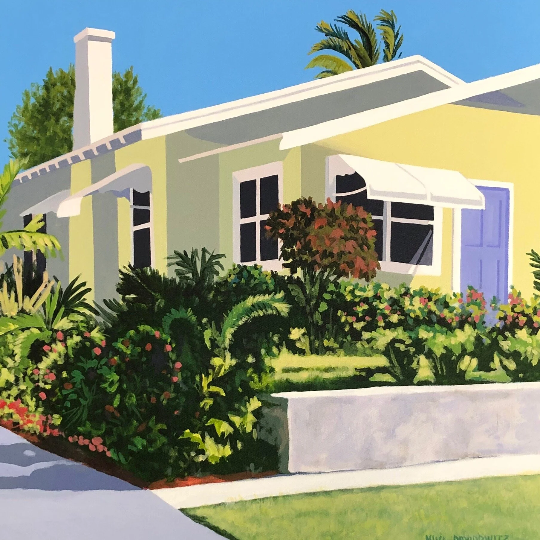 “Cottage Corners” is part of a series of paintings depicting historic houses in West Palm Beach, Florida’s “Flamingo Park” area. I love the aluminun awnings…they have a distinctive shape in Florida!“Cottage Corners”, 24” x 24”, acrylic on canvas (wi…