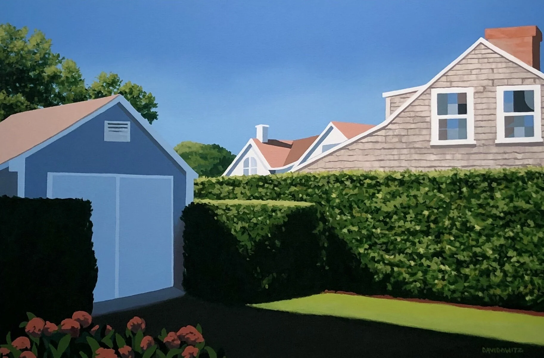 I’ve always loved Nantucket, with its shingled cottages and beautiful gardens. This scene captures a slice of light that illuminates a patch of grass and shrubberies in a lovely back yard.“Sunlight and Shadows, Nantucket”, 30” x 24”, acrylic on canvas (with painted wrap-around sides), 2015.