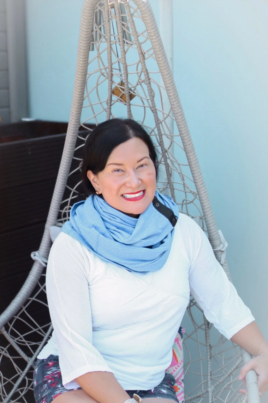Me wearing my favorite Lululemon vinyasa scarf, which looks very sporty on my daughters and very middle aged and “author-y” on me.