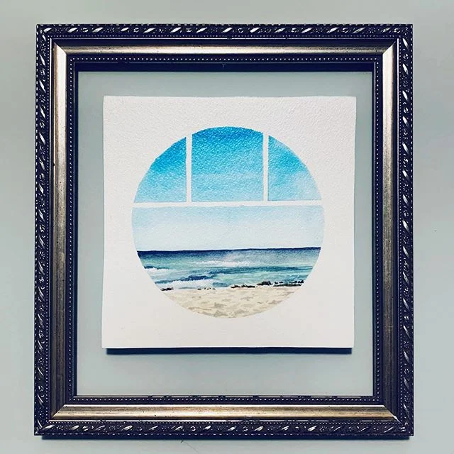 When it&rsquo;s summer and you just want to be at a beach somewhere 🏝 ☀️ .
.
.
.
.
#art #painting #watercolor #tondo window #beach sand #ocean #beachart #artistsoninstagram #porthole #watercolorpainting #baltimoreart #bmoreart #bmoreartist #maryland