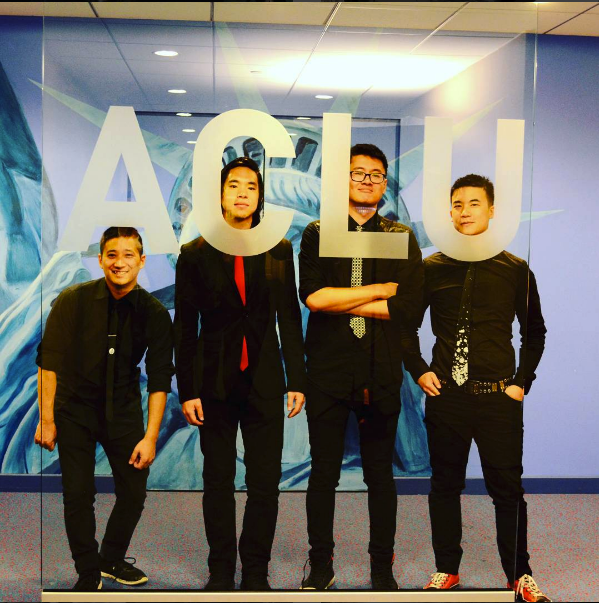 My awesome friends, The Slants, at the ACLU to discuss their fight to trademark their name. (Simon Tam, right, wears my custom tie, which they later wore to the Supreme Court.) 
