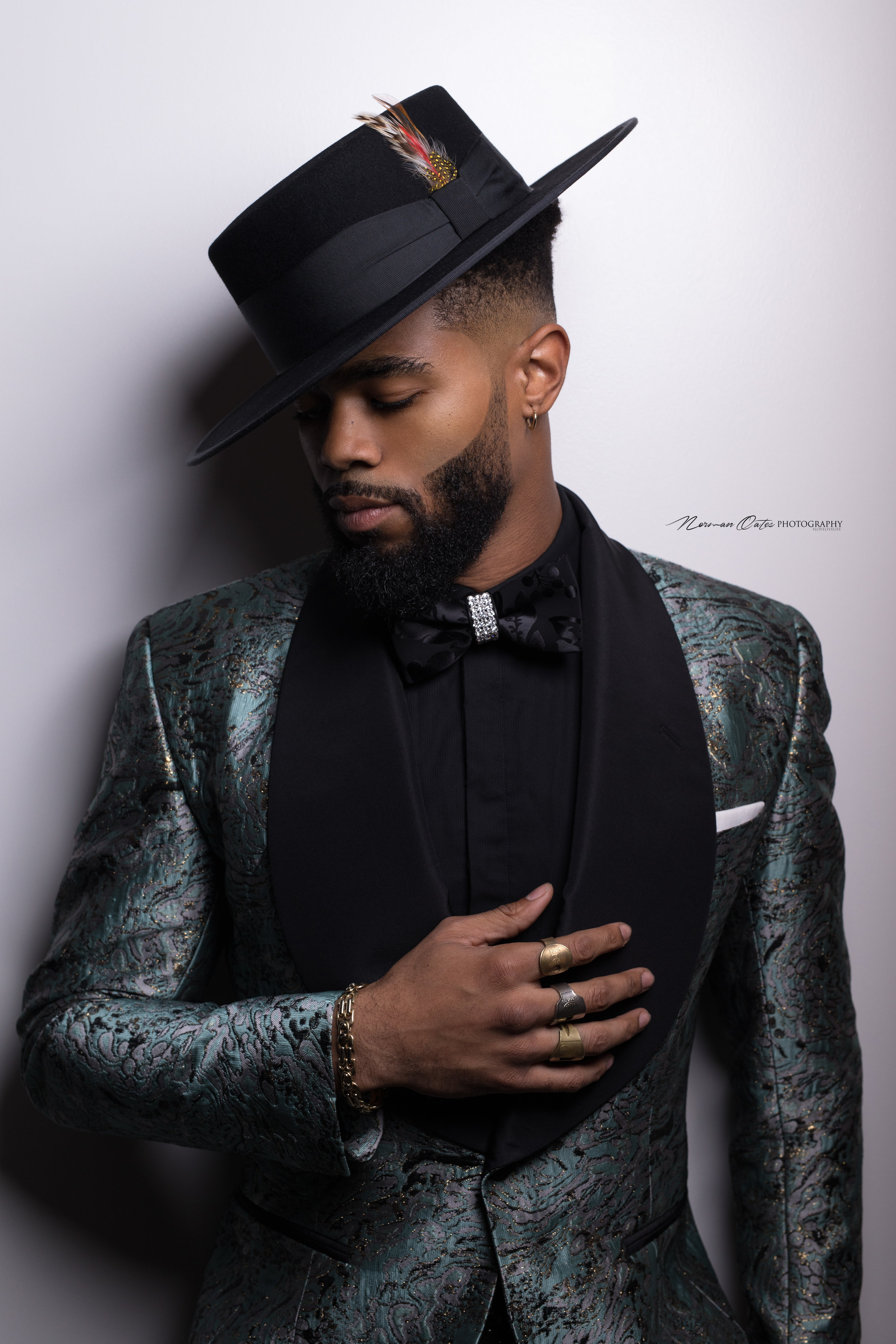 Model wearing the "Wayne" bow tie by D. Leak Bow-Ties. Photo: Norman Oates Photography