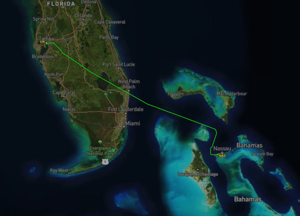 Flight track, Tampa to Nassau
