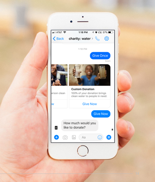 Charity:water's donation Chatbott on Facebook Messenger is featured in the report.. 