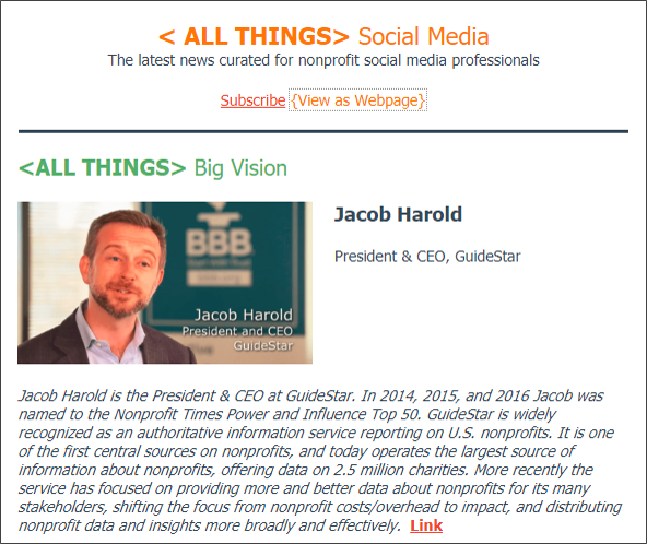 (CLICK HERE FOR THE FULL INTERVIEW ) Friday July 13 2018 Edition: Our featured interview with Jacob Harold, President & CEO at GuideStar on the future of fundraising, plus Twitter goes ahead with removal of suspended accounts with users expected to see a reduction of up to 6% in their follower count. Also in this edition, five practical tips for building great Instagram Story videos, our interview with Jacob Harold, CEO of GuideStar, and early performance/cost results for Facebook's new mid-roll video ads.