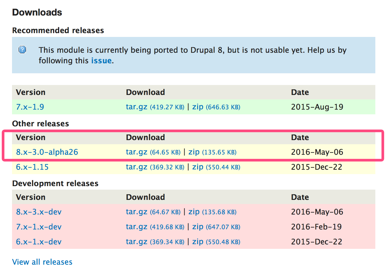 The correct version of Ctools for this tutorial. NOTE: Make sure you install the correct version of Ctools! Don't assume that whatever is in green is what you need to install! It must be compatible with Drupal v. 8 and not marked "dev" (see caption).