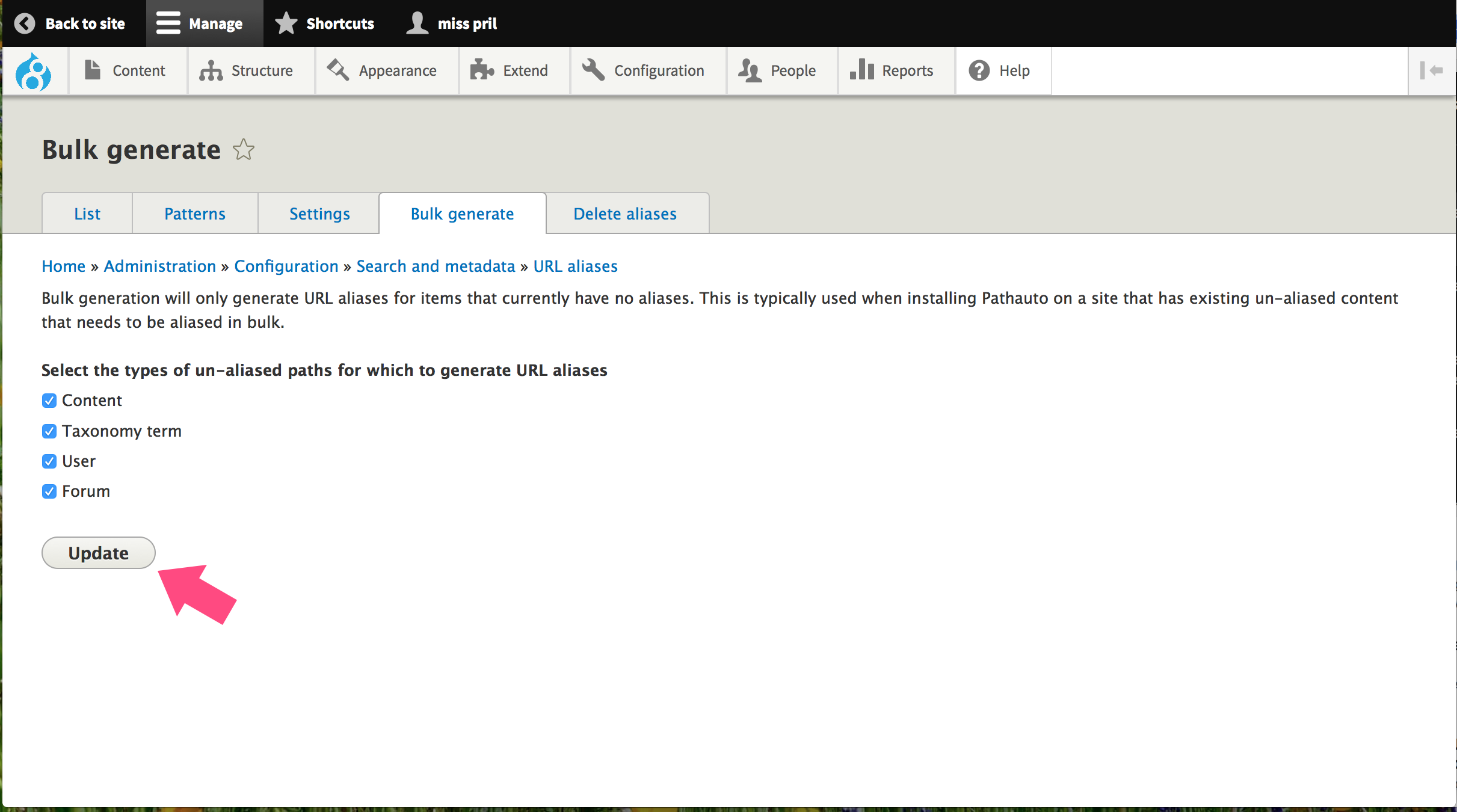 Once all that is done NOW we can use Bulk Generate. Go to Administration > Configuration > Search and Metadata > URL Aliases > Bulk Generate. Tick all the boxes and click "Update." If you leave them unchecked, you will need to individually define the URL path for each new item you add to the website. That's why we're adding these modules to do the work for us!