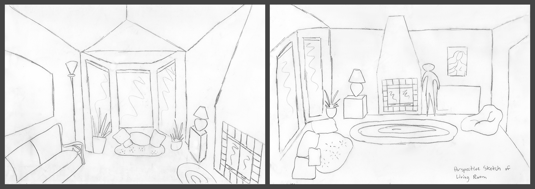 Perspective sketch of a living room, graphite on paper.