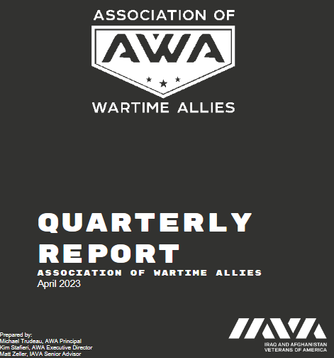 Cover page of AWA Wartime Allies quarterly report, April 2023, with AWA logo and war-related graphics.