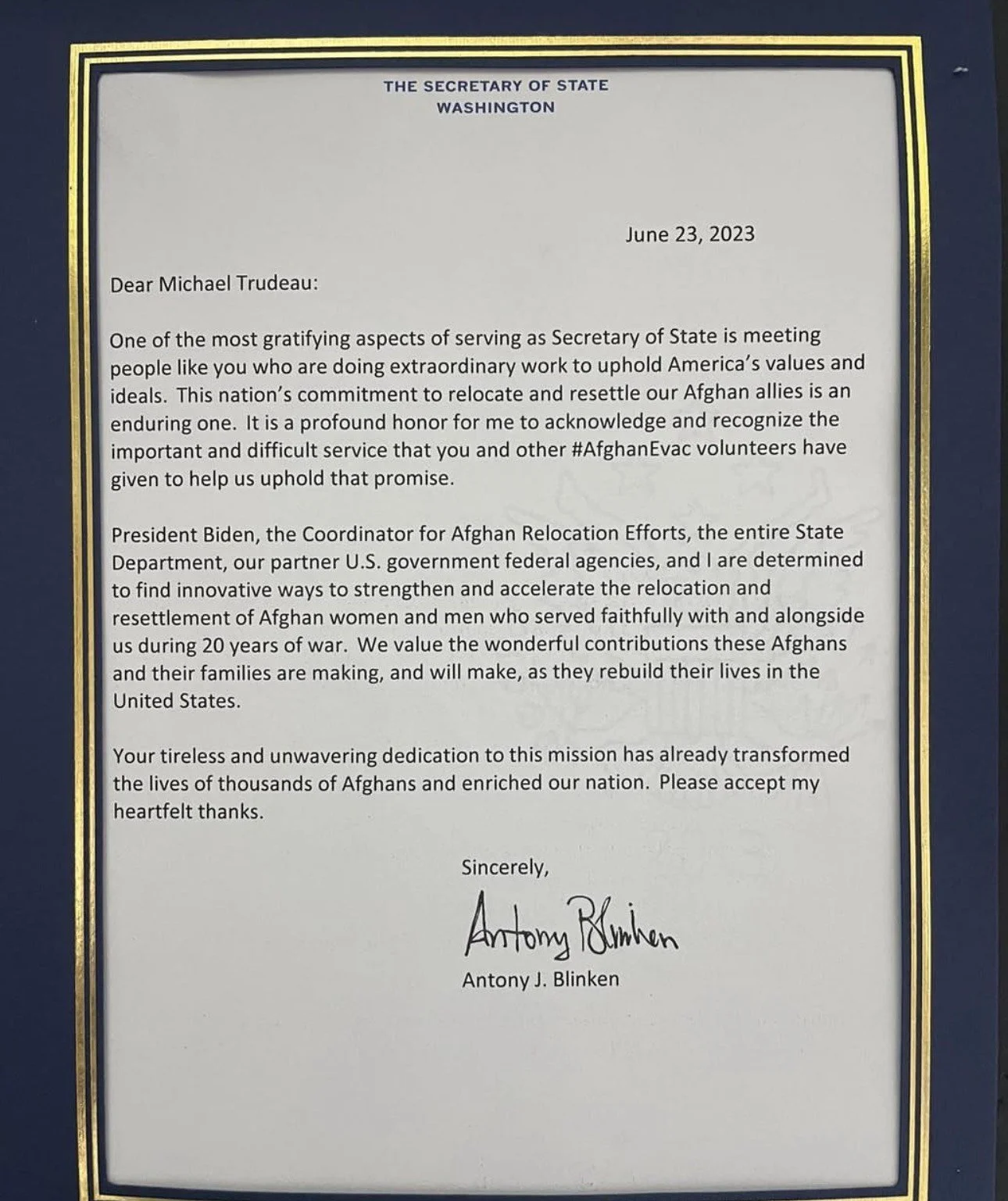 Letter dated June 23, 2023, from the Secretary of State in Washington addressed to Michael Trudeau, praising volunteers for their work in Afghanistan, signed by Antony J. Blinken.