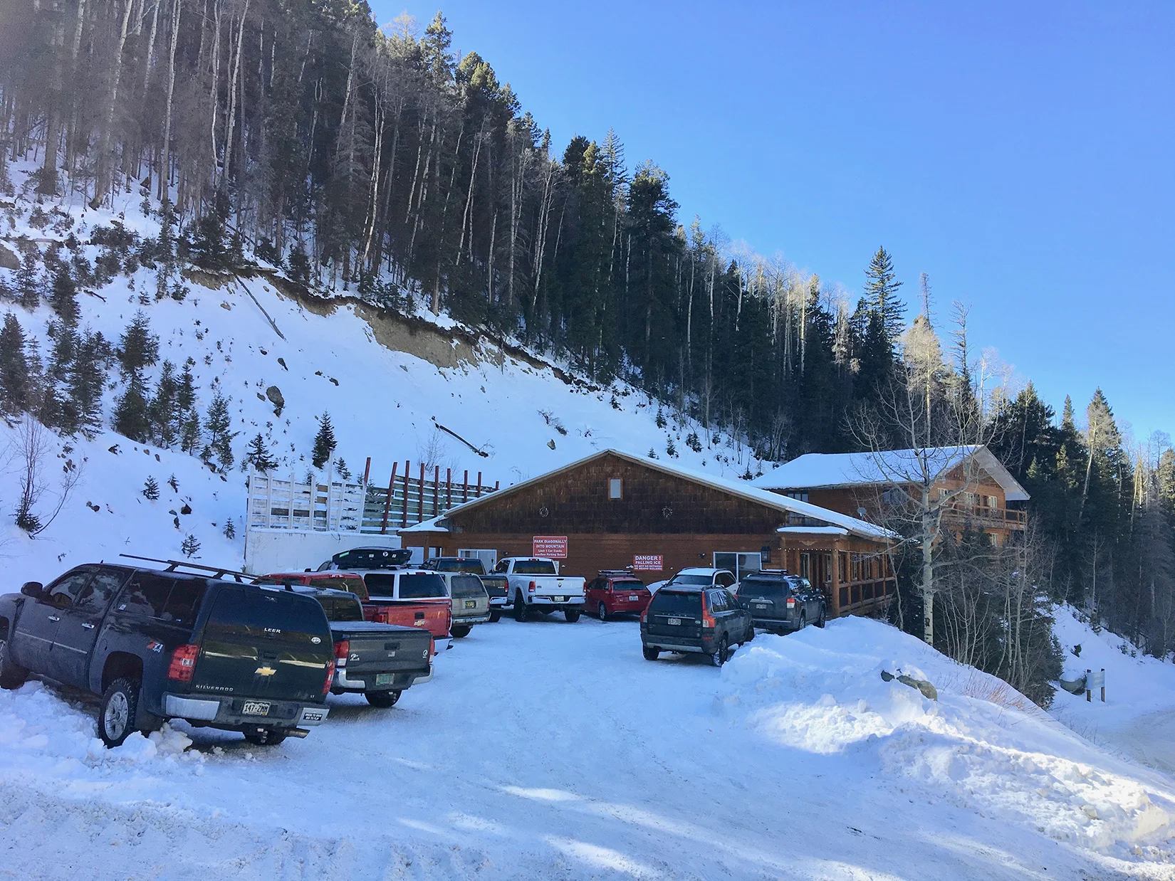 Full Parking Lot at the Snow Bear: Park facing Diagonally into the mountain