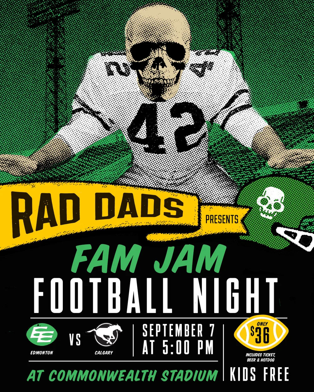 Rad Dads presents a Fam Jam Football Night on September 7 when the Edmonton Eskimos take on the Calgary Stampeders at Commonwealth Stadium. Kids are free with a paying adult and it’s only $36 for a game ticket, drink (aka beer) and hotdog. Ticket link here:  Rad Dads Fam Jam Football Night