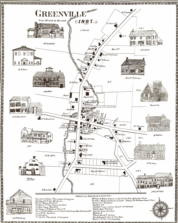 February 2026 - Beers 1867 – 1990 GCS
 

 
The Atlas of Greene County (Beers, et. al., 1867) presented a close-up road map of the four corners of the hamlet of Greenville, where today’s Routes 32 and 81 cross. Structure markers and property boundarie