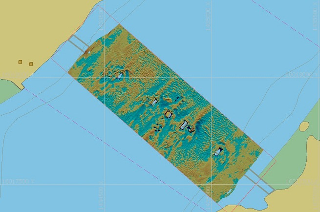 Color hillshade surface model of grid difference between surveys - time difference, 1 year