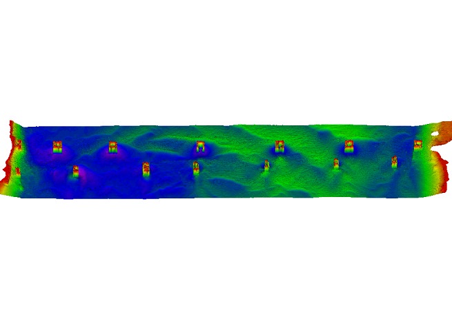 Multibeam data showing areas of shoaling and erosion around bridge structures