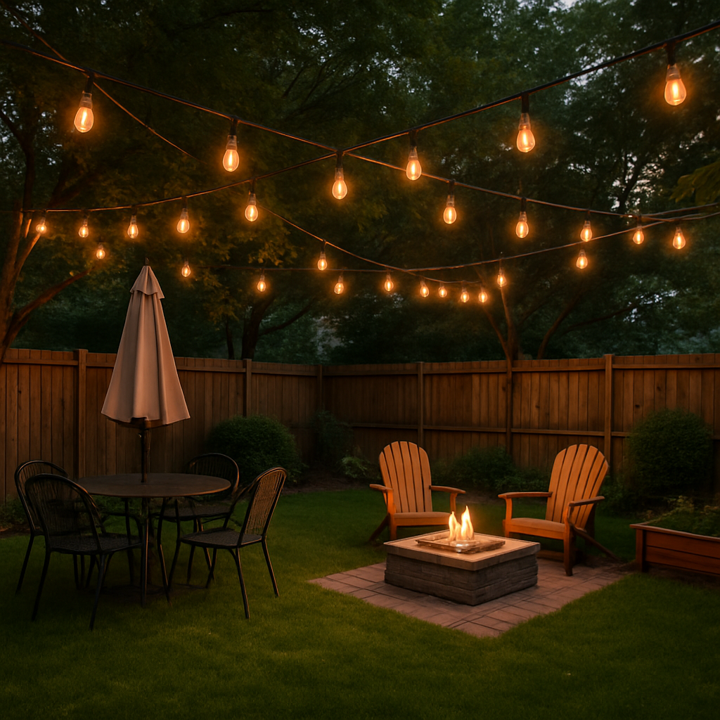 A backyard patio at dusk with string lights hanging overhead, a fire pit with two wooden chairs, a round table with four chairs and an umbrella, a wooden fence, and trees in the background.