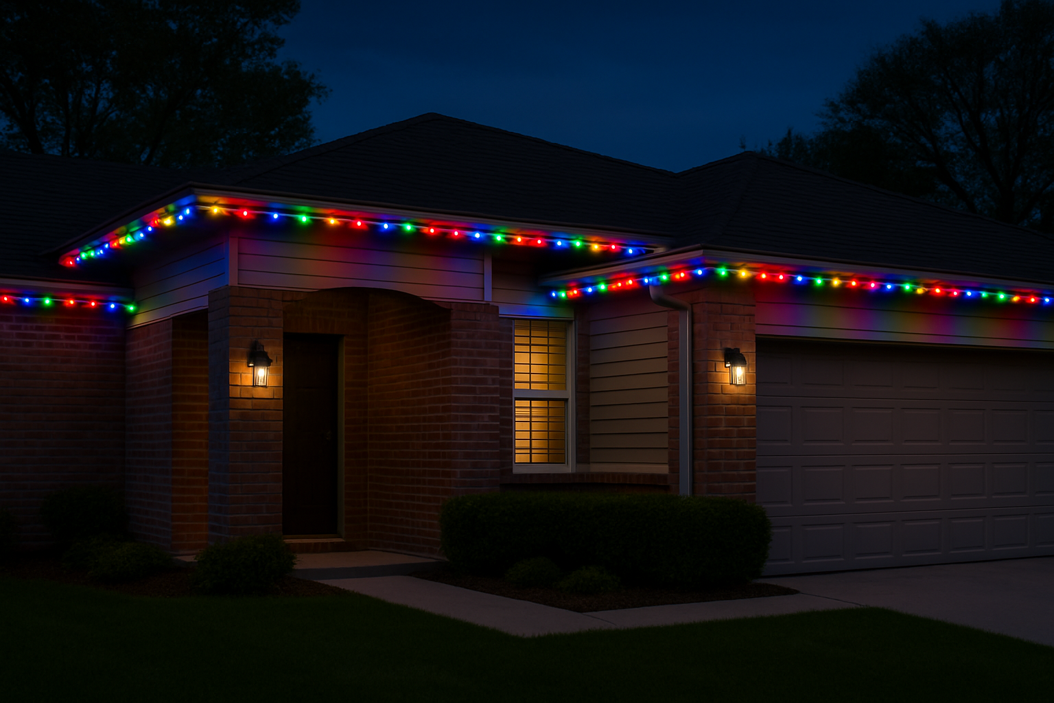 A house with brick and siding exterior, illuminated by two wall-mounted lanterns, and decorated with multicolored Christmas lights along the roofline at night.