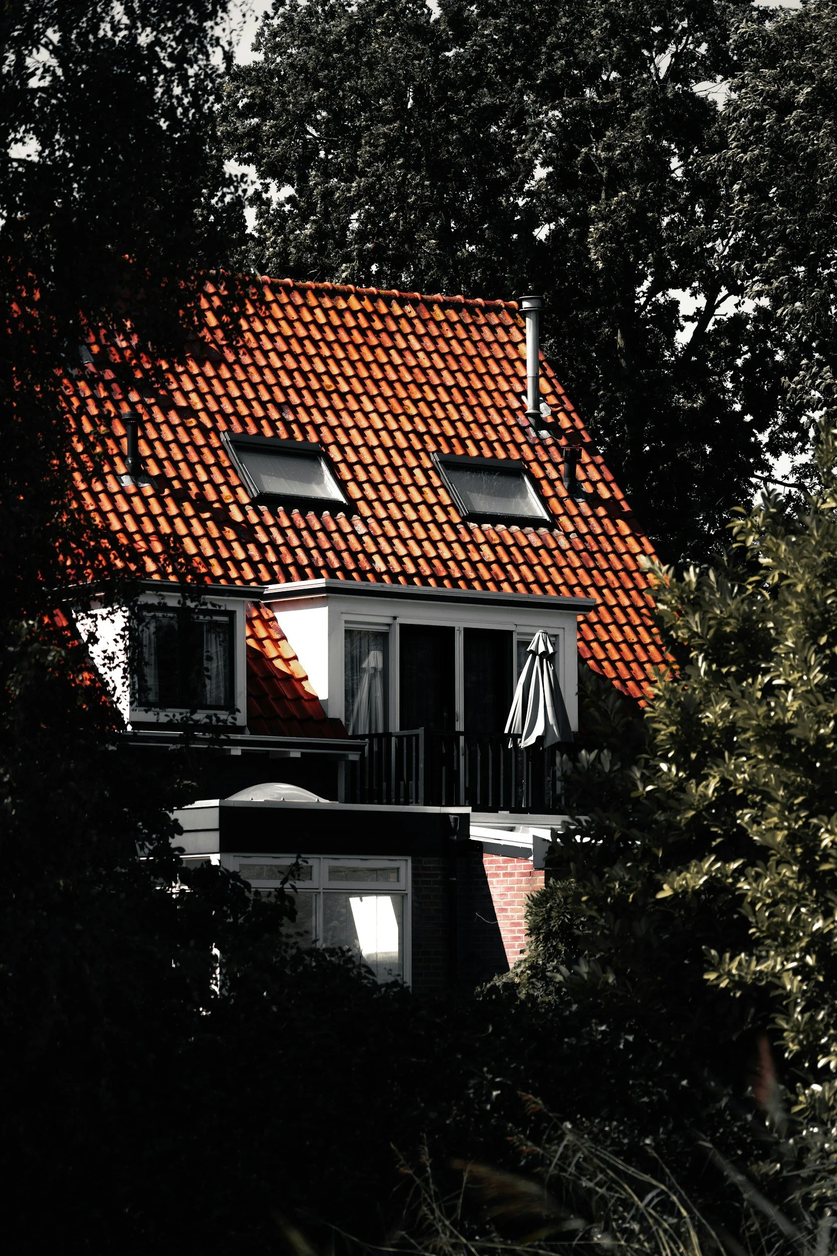 A house with a red-tiled roof, two skylights, a small upper balcony with an umbrella, surrounded by trees and foliage.