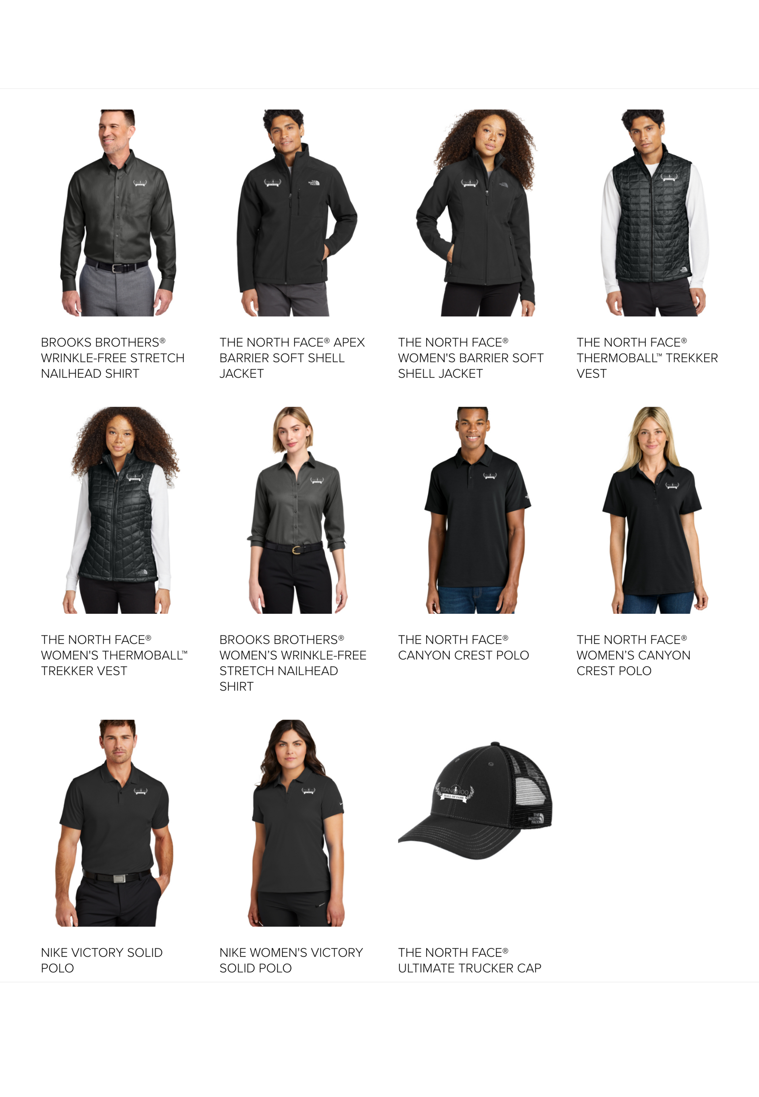 Collection of models wearing outdoor jackets, shirts, and hats from North Face and related brands displayed in a catalog layout.
