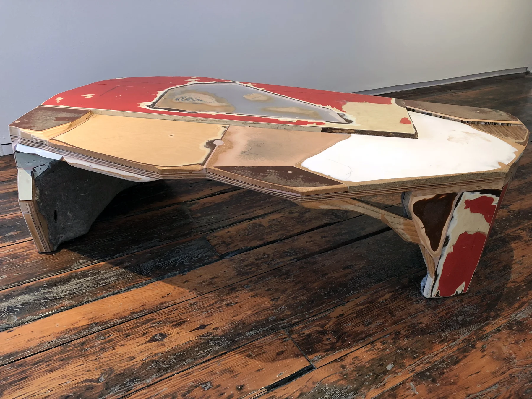 Mixed Blessings, 16 x 53 x 31 inches / 40.6 x 134.6 x 78.7 cm, materials salvaged from closed Chicago public schools, 2016