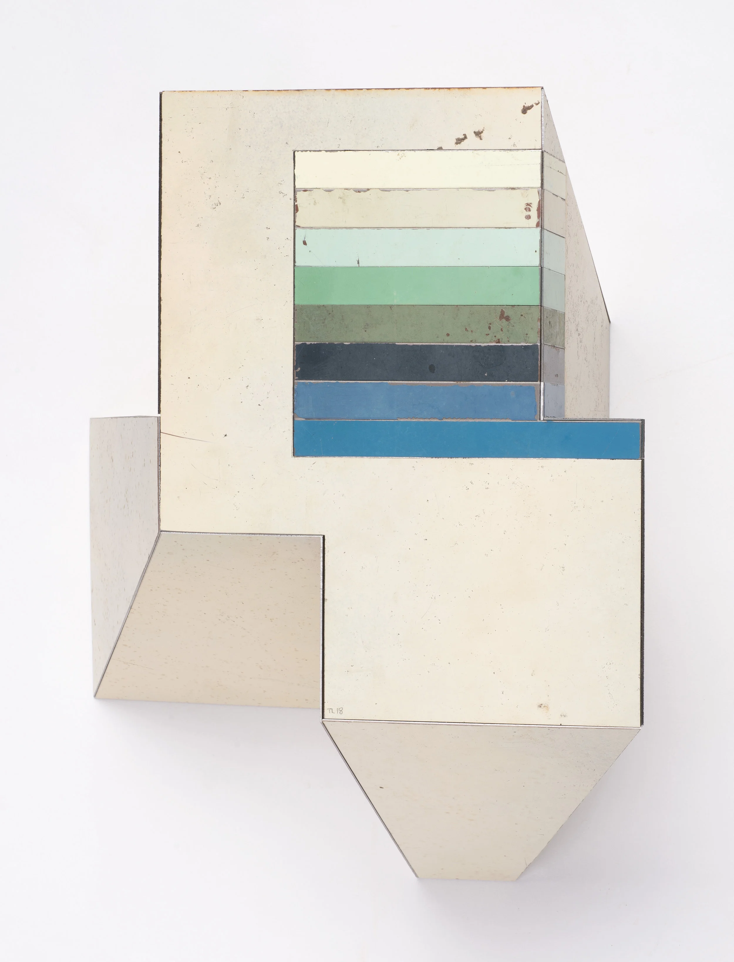 Straight Angle, 11.5 x 10 x 5 inches / 29.2 x 25.4 x 12.7 cm, salvage steel, marine-grade plywood, silicone, vulcanized rubber, hardware, 2018