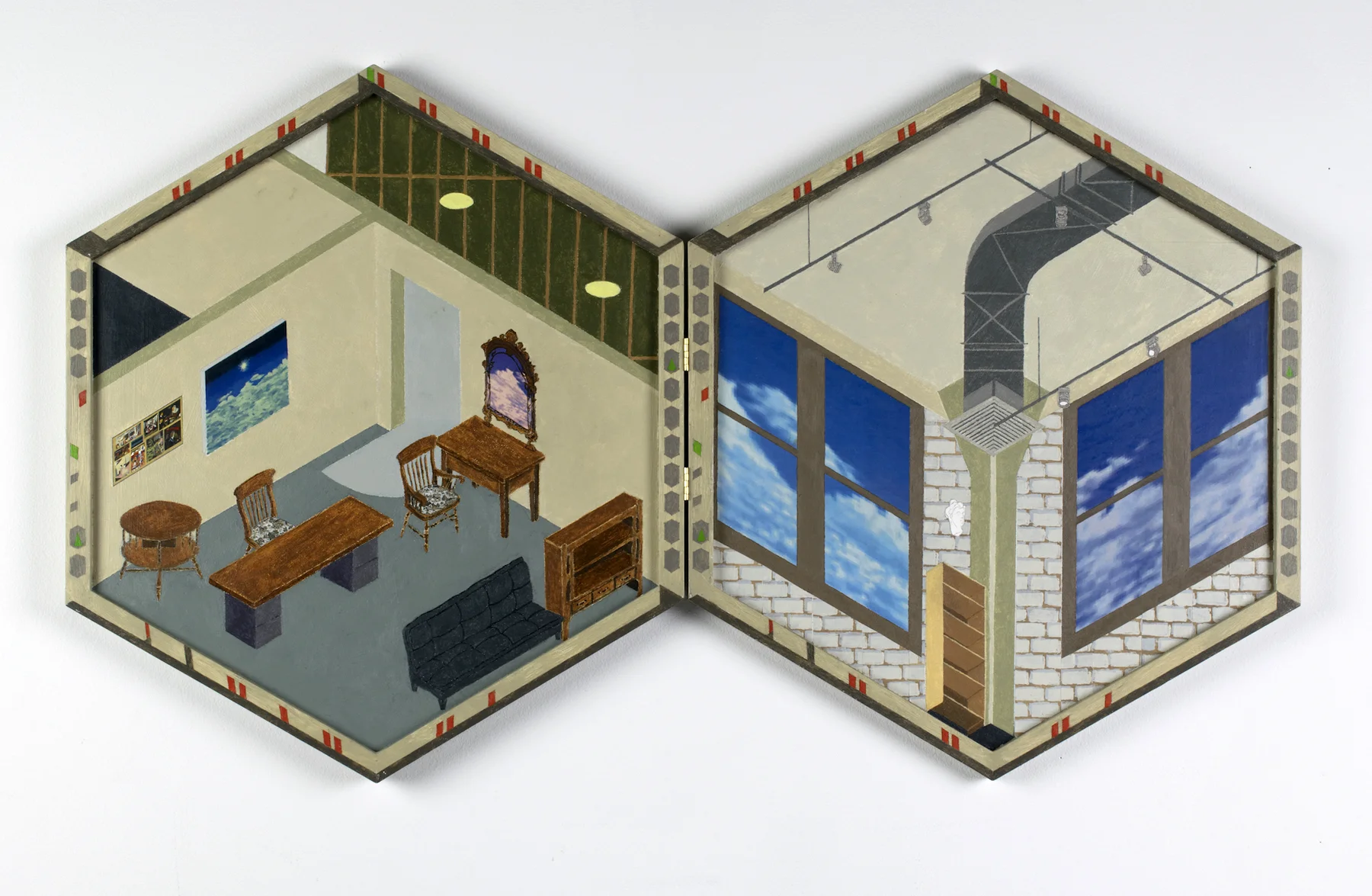 ZACHARY SIMONSON | Skybox (interior), 19 x 44 inches / 48.3 x 111.8 cm, acrylic, collage on hinged diptych panels, 2018