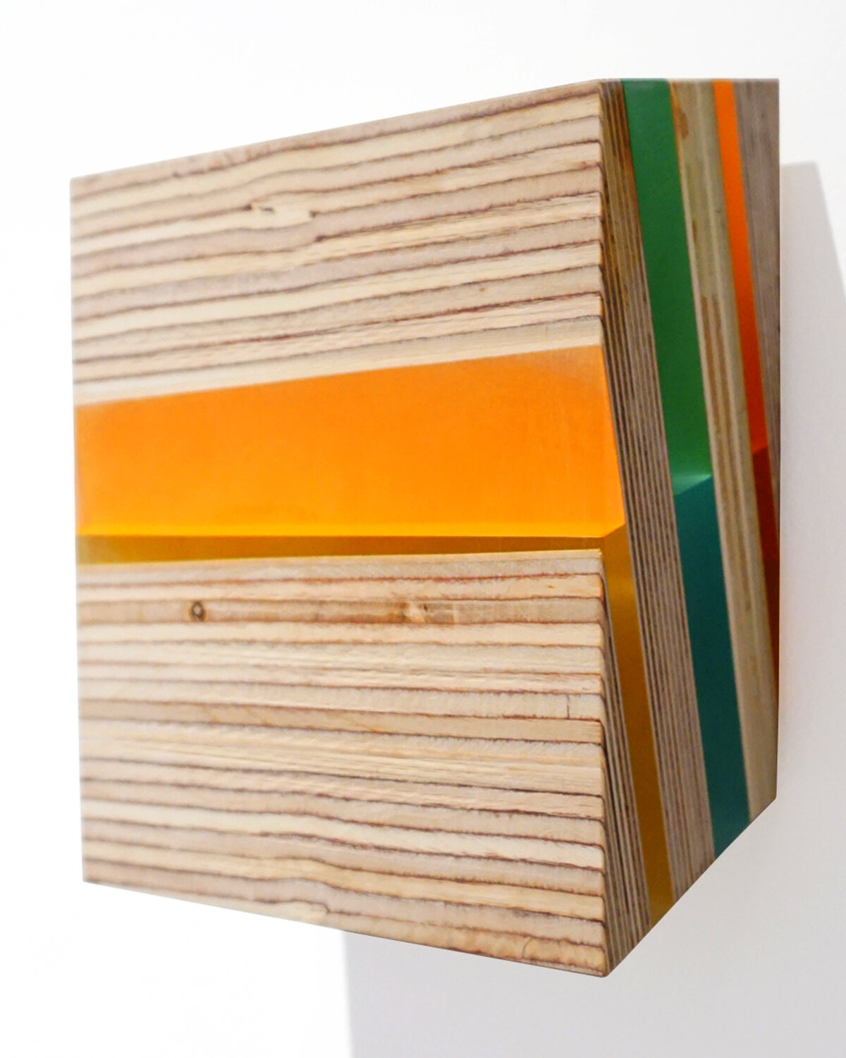 Pyrite Paisley Series: Oblique Orange (side view), 9.5 x 7 x 4 inches / 24.1 x 17.8 x 10.2 cm, mixed media on various plywoods and Lucite, 2019