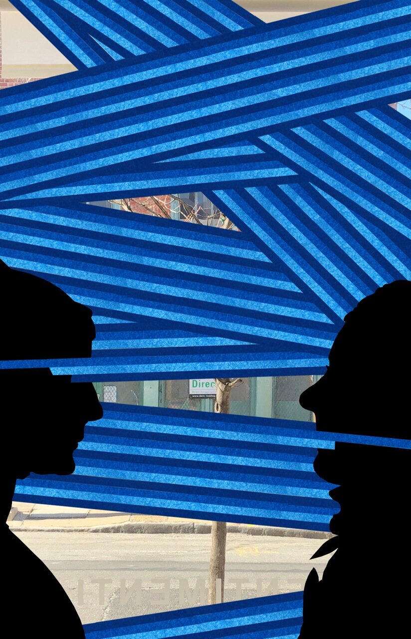 MARK KHAISMAN | Blue (window tape installation detail), 74 x 270 inches / 1.24 x 6.25 m, masking tape, painters tape, 2020
