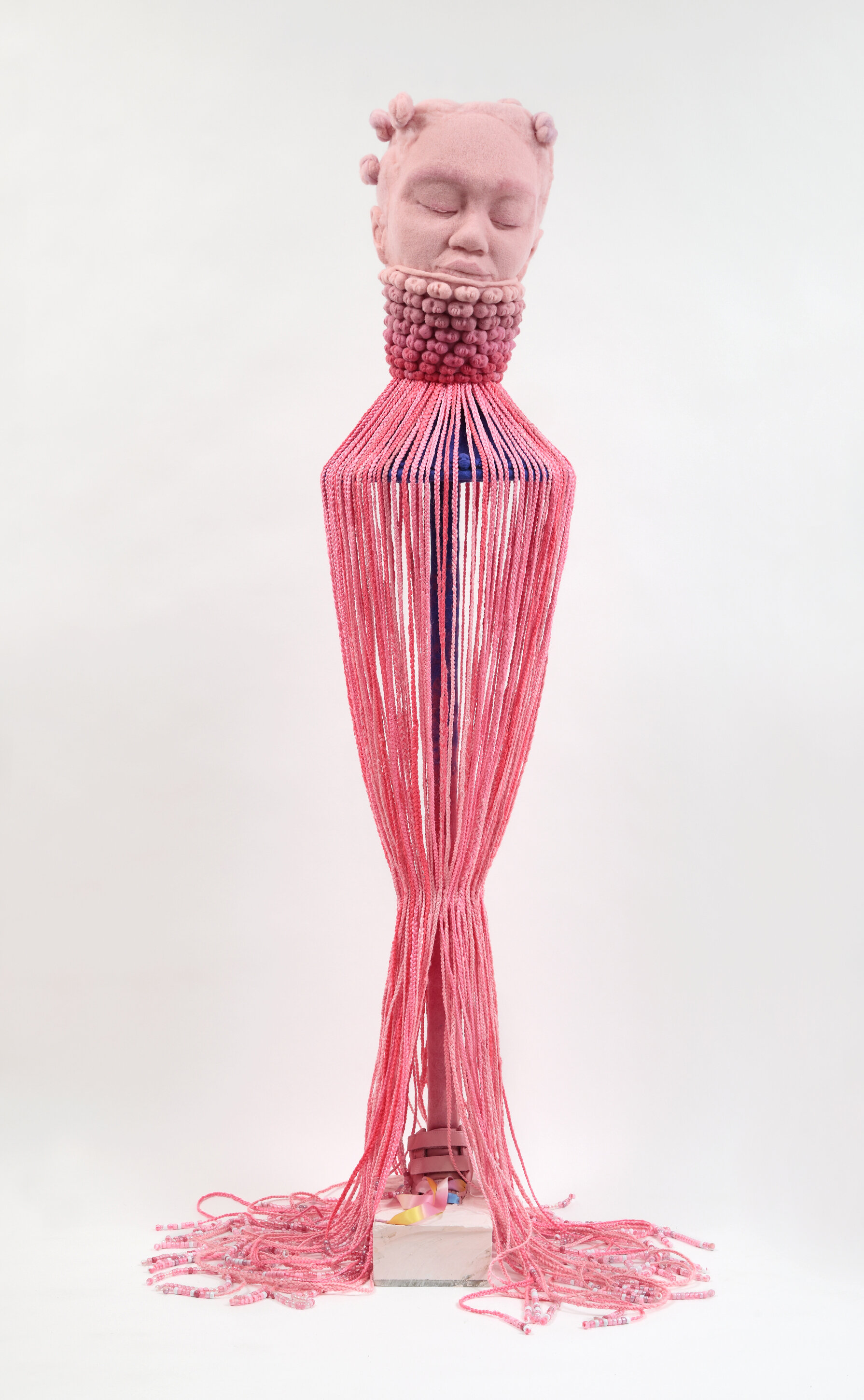 NASTASSJA E. SWIFT | Passage, when momma lets my braids flow down my back, 64 x 15 x 15 in / 162.5 x 38.1 x 38.1 cm, wool, synthetic braiding hair, wood, plaster, resin, satin, 2020