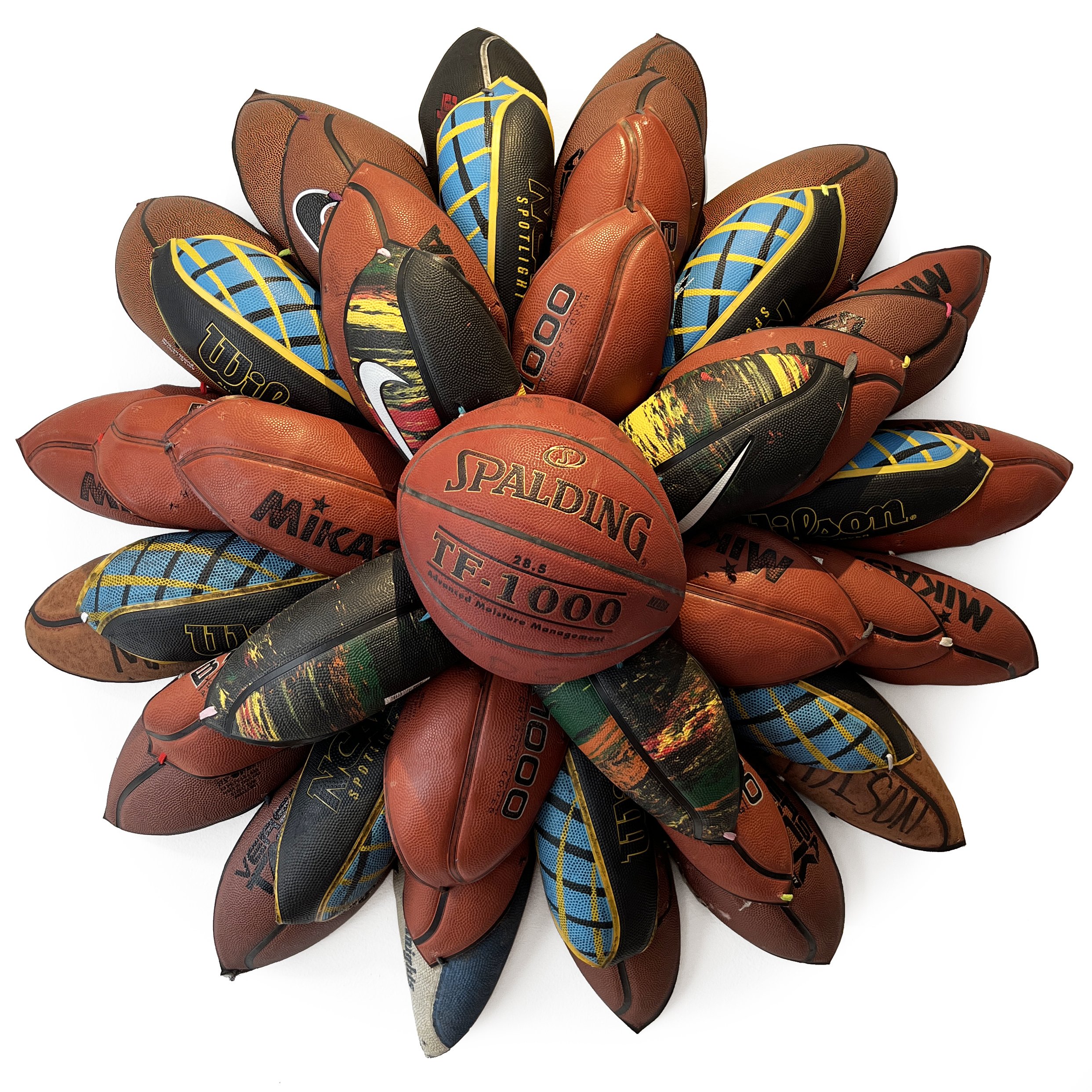BASKETBALL BLOOM (TF-1000 CRS) | 39 x 39 x 9 inches / 99 x 99 x 23 cm, searched for and collected basketballs, shoestrings, 2022