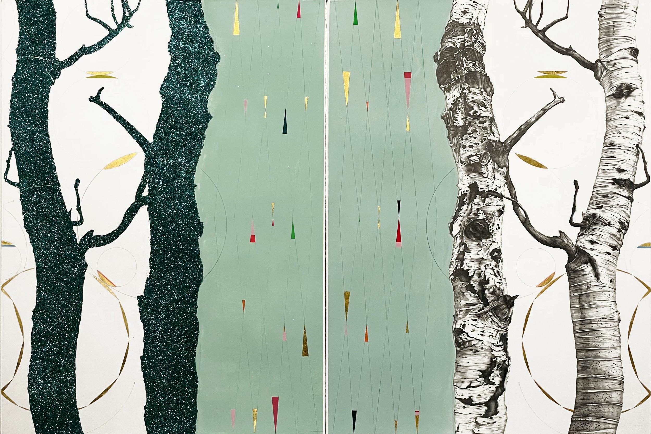 BIRCH - TWO VIEWS | 30 x 45 inches / 76.2 x 114.3 cm, graphite, acrylic, gold leaf, glitter on paper, 2022