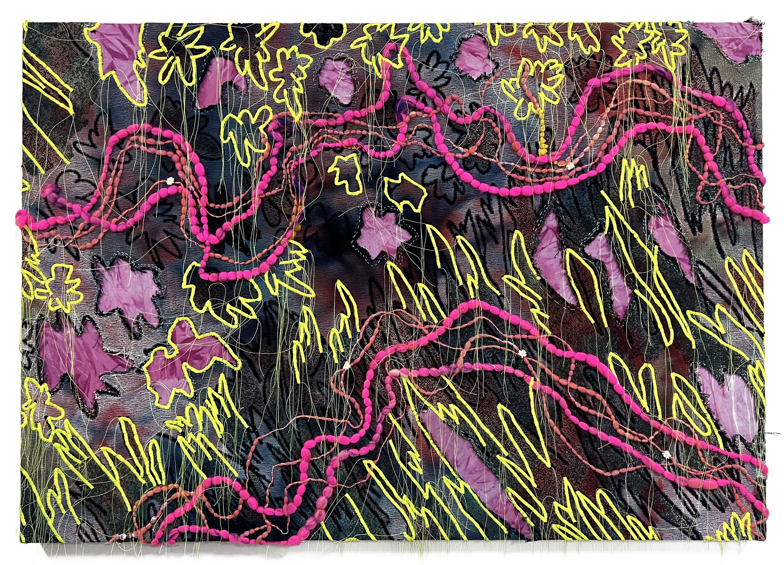 Melissa Leandro | LA LUZ EN EL BOSQUE | 35 x 50 inches / 88.9 x 127 cm, jacquard woven cloth, stitching, dyed fabric, yarn, 2023