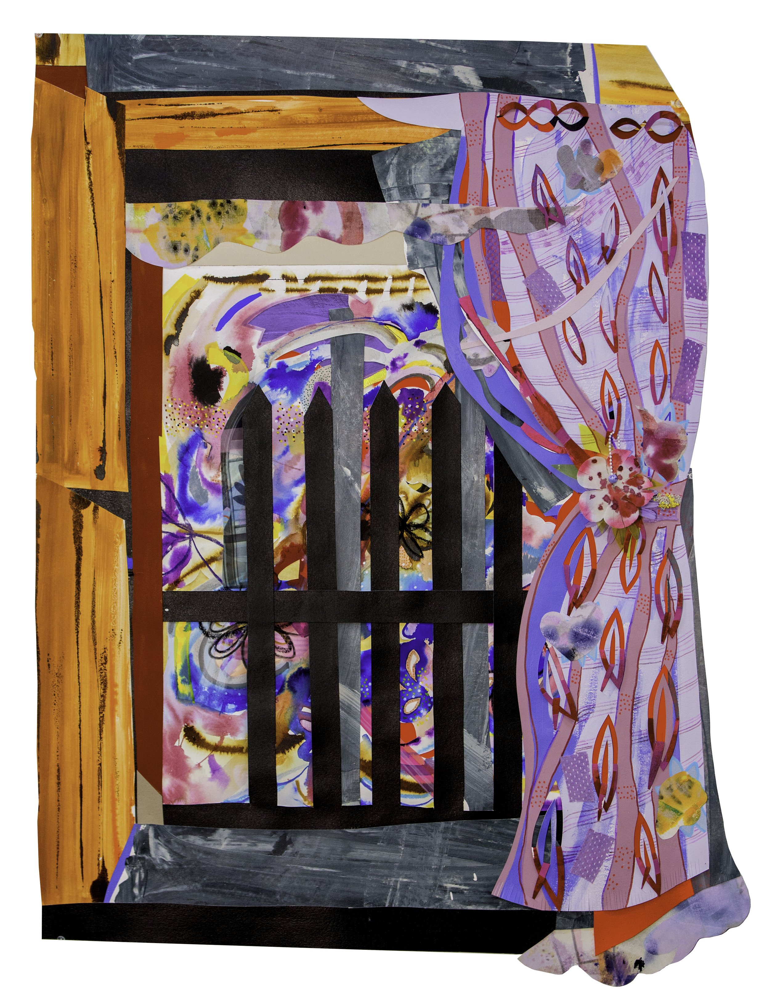  PURPLE CURTAINS AT A CABIN | 38 x 29 inches / 96.5 x 73.6 cm, Mixed media and collage on paper, 2021 