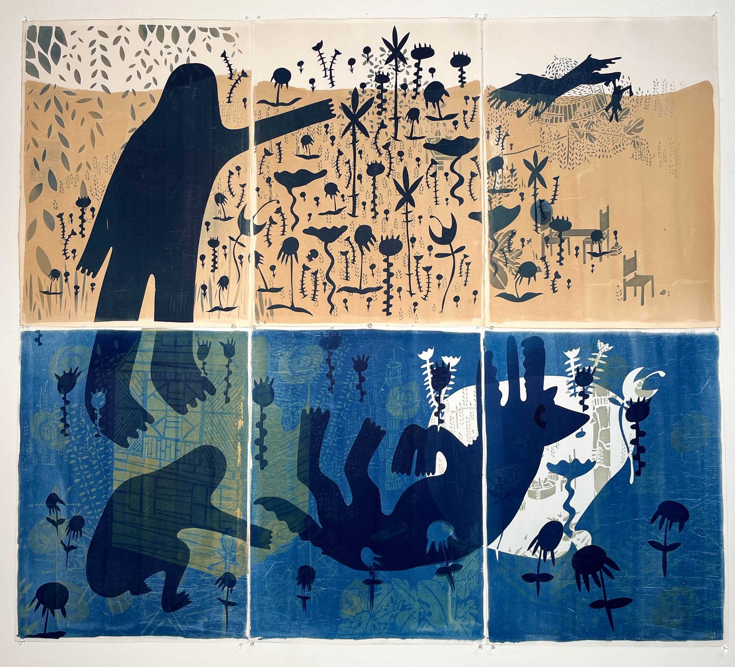 THE ECSTASIES OF LIFE AND DEATH | 54 x 48 inches (6 - 18 x 24 inches panel each) / 137.2 x 121.9, toned cyanotype on selectively dyed Rives BFK, Edition 1/1, 2022