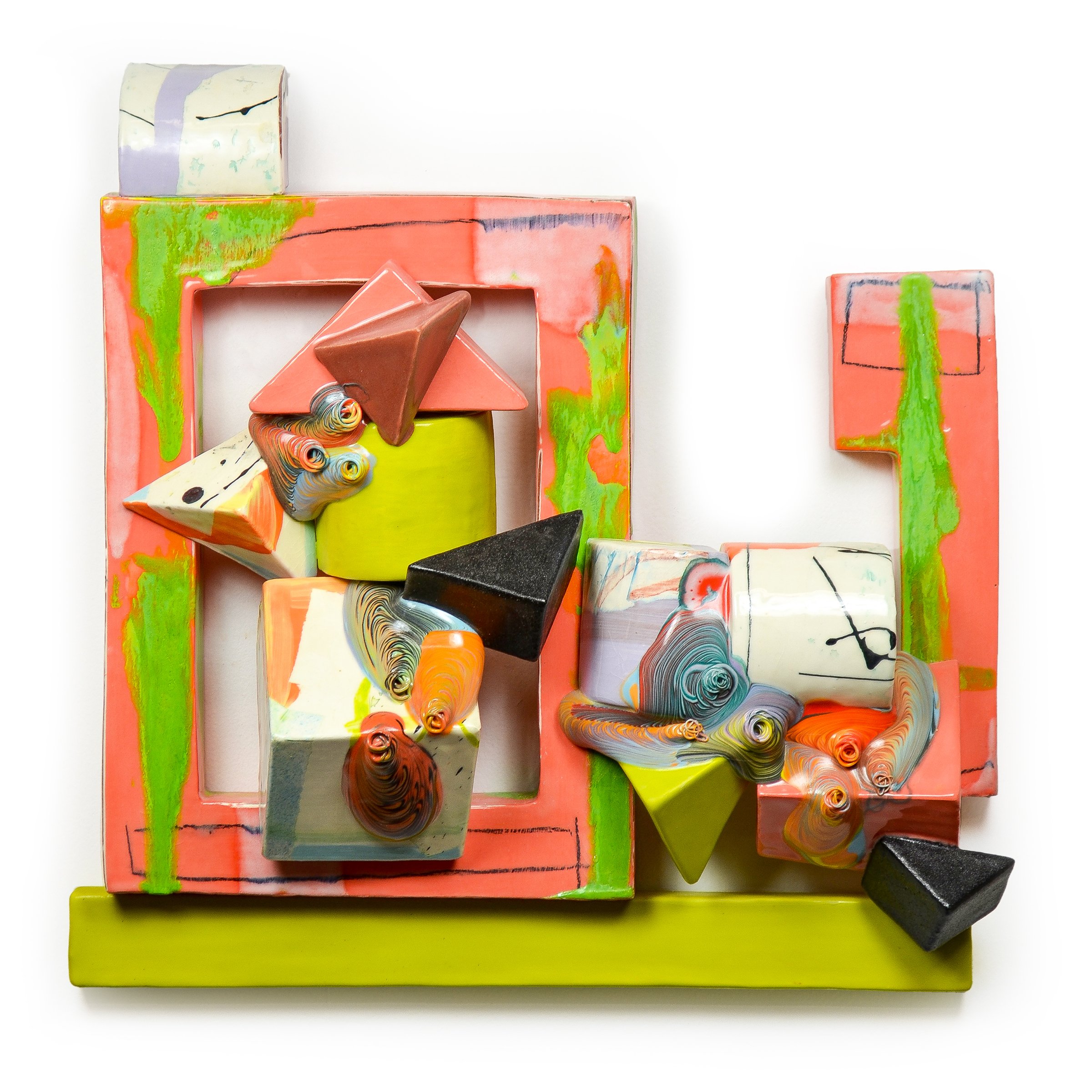 LAUREN MABRY | Glaze Flow Blocks (pink and green), 19 x 19 x 6 inches / 48.3 x 48.3 x 15.2 cm, ceramic, glaze, 2023