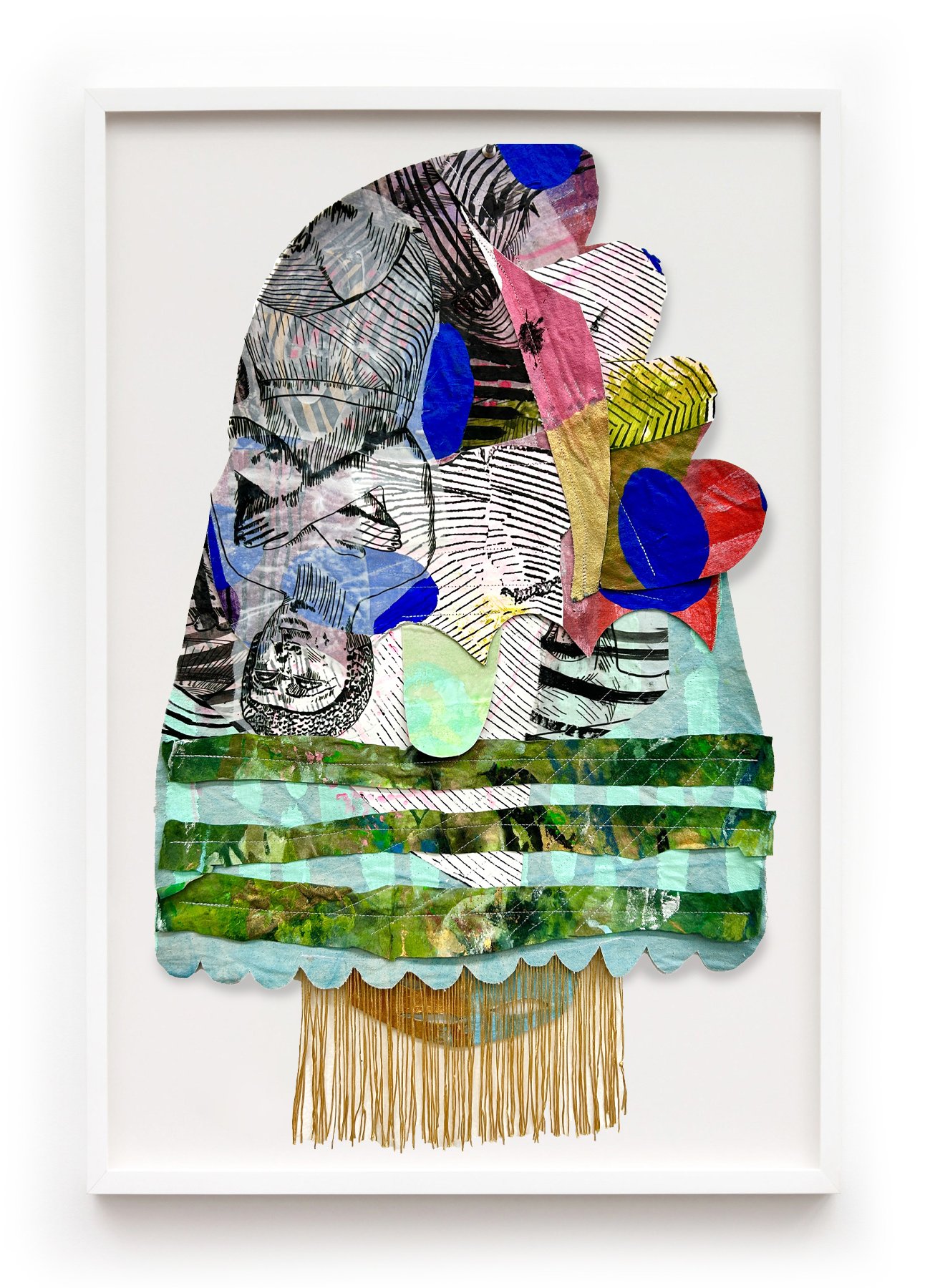 Shabti Revealed | 28 x 17 inches / 71.1 x 43.2 cm, mixed-media on hand dyed canvas collage, 2024