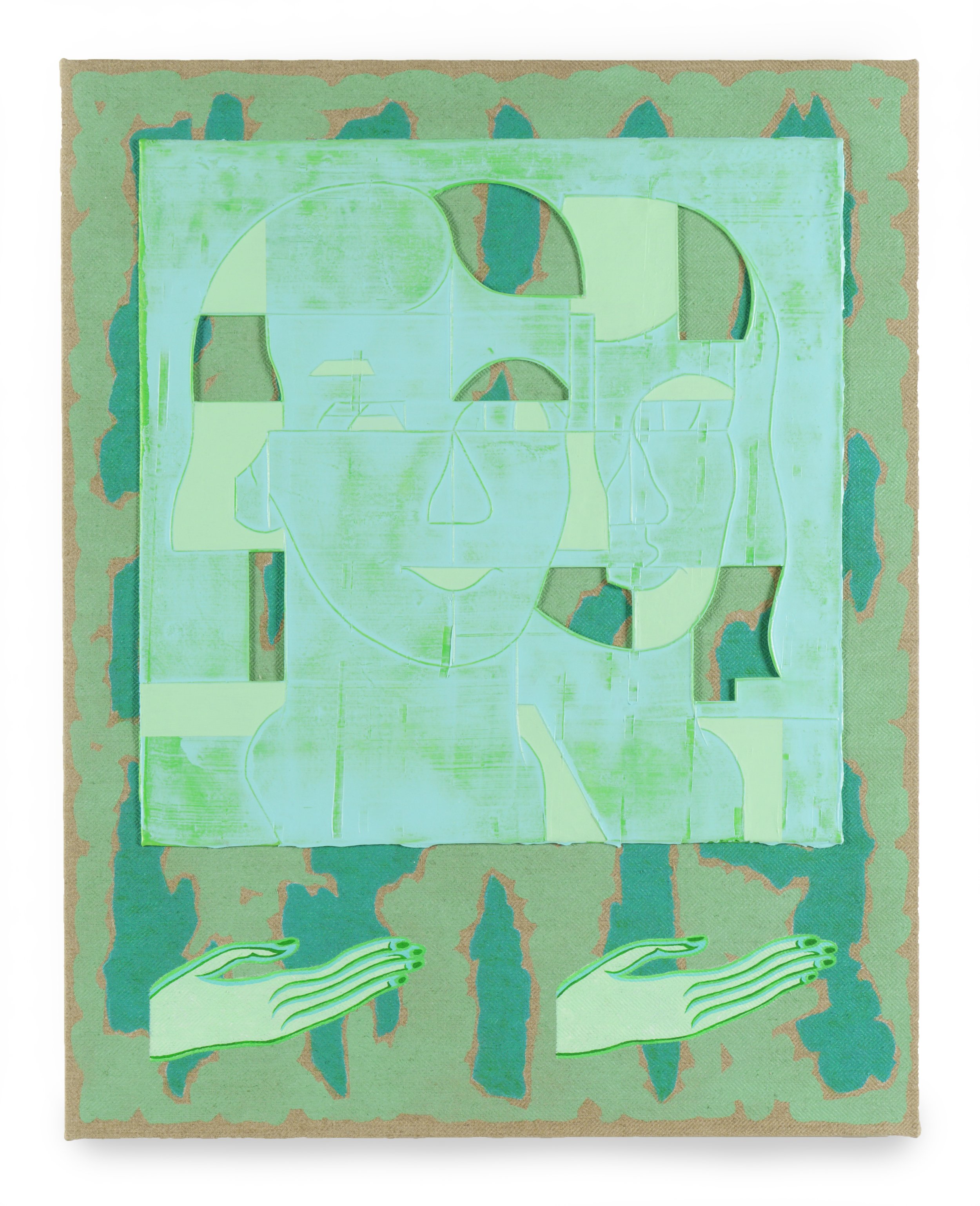 GREEN LOVERS (PLANE BARK) | 30 x 24 inches / 76.2 x 61 cm, cast acrylic mounted, acrylic on linen canvas on panel, 2024