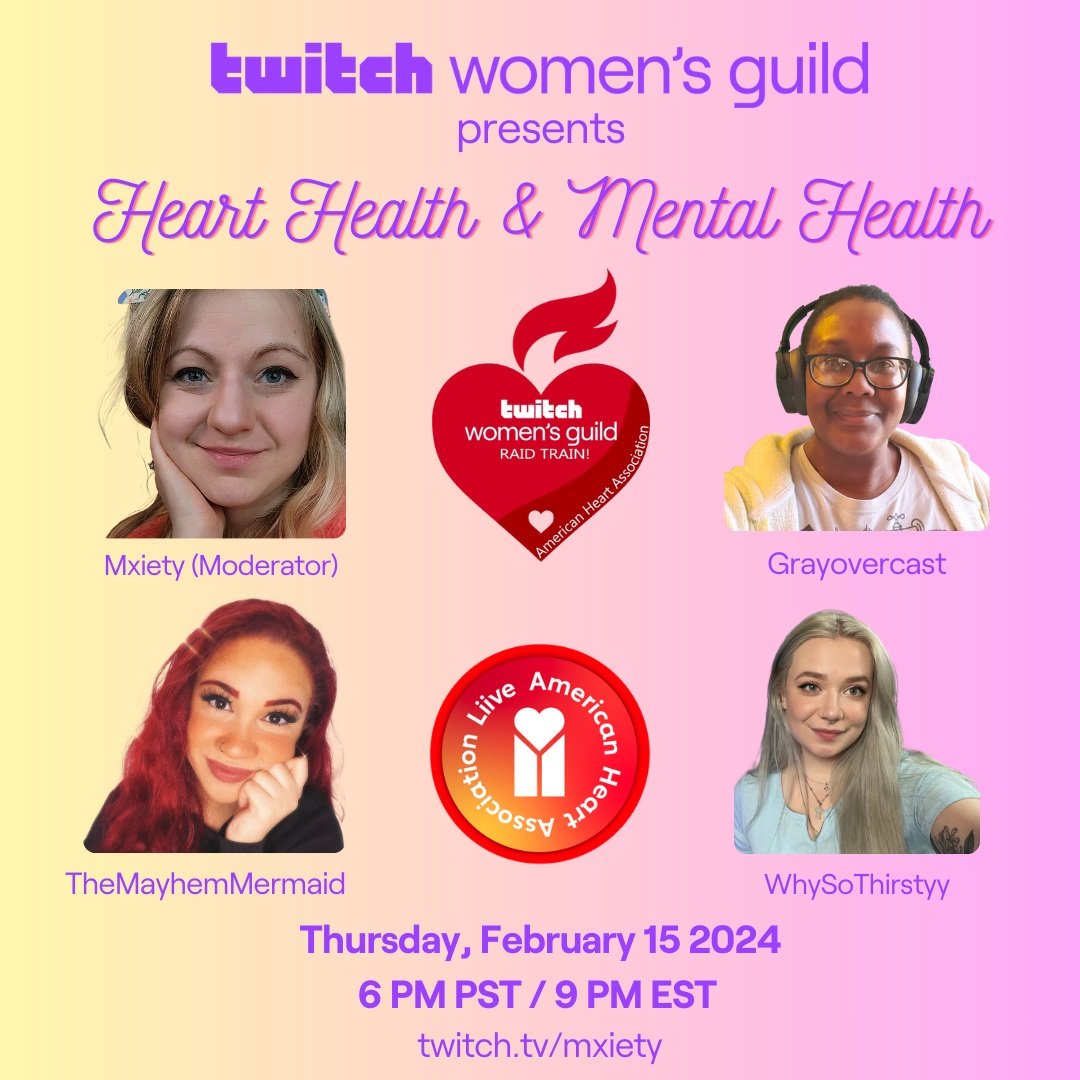  Panelists for AHA Roundtable on Mental Health and Heart heath MayhemMermaid, Grayovercast and WhysoThirstyy on a pink and yellow background withthe  AHA logo in the middle 