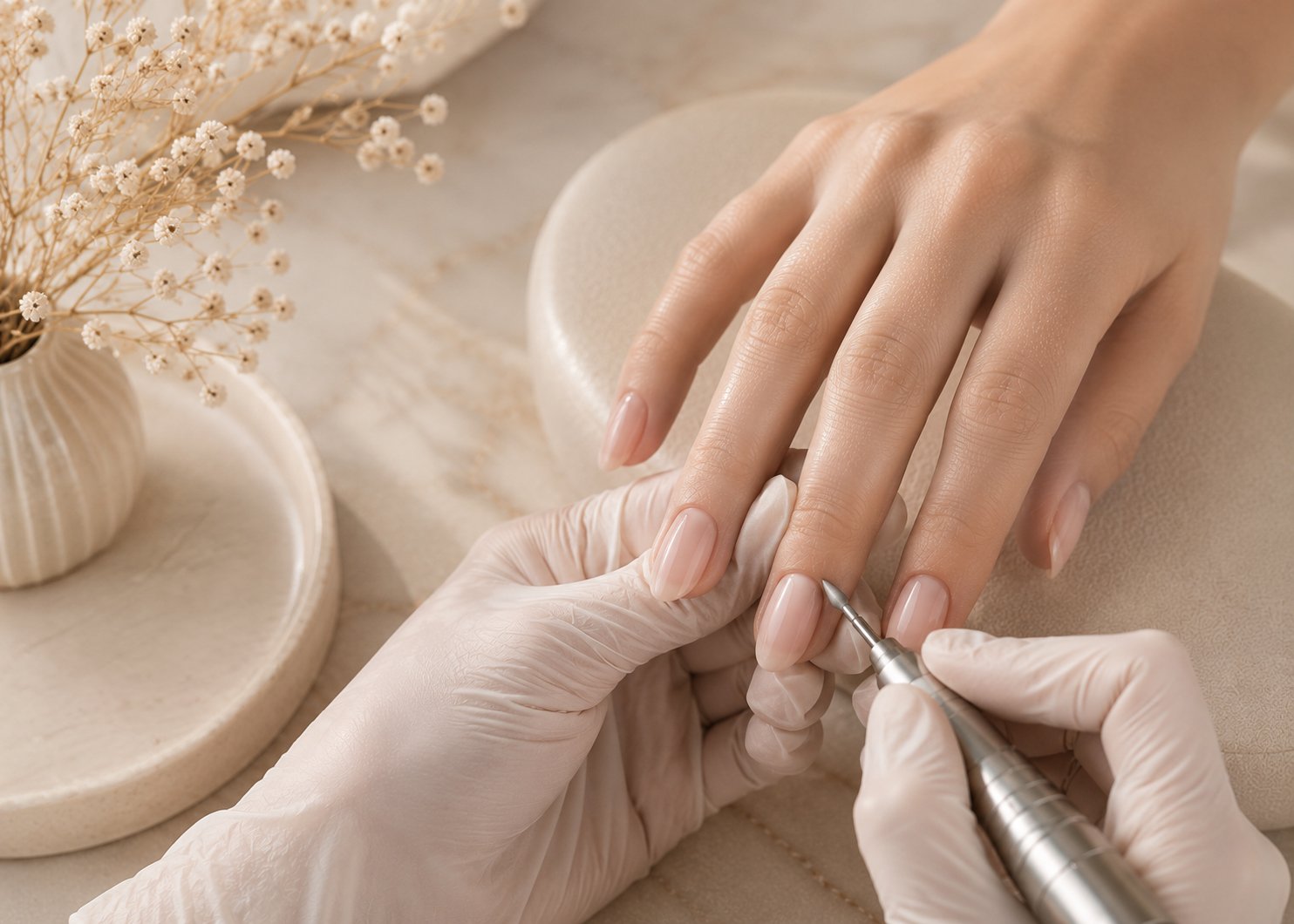 Russian gel manicure cuticle detailing with e-file on nude natural nails in a private Brea nail studio.