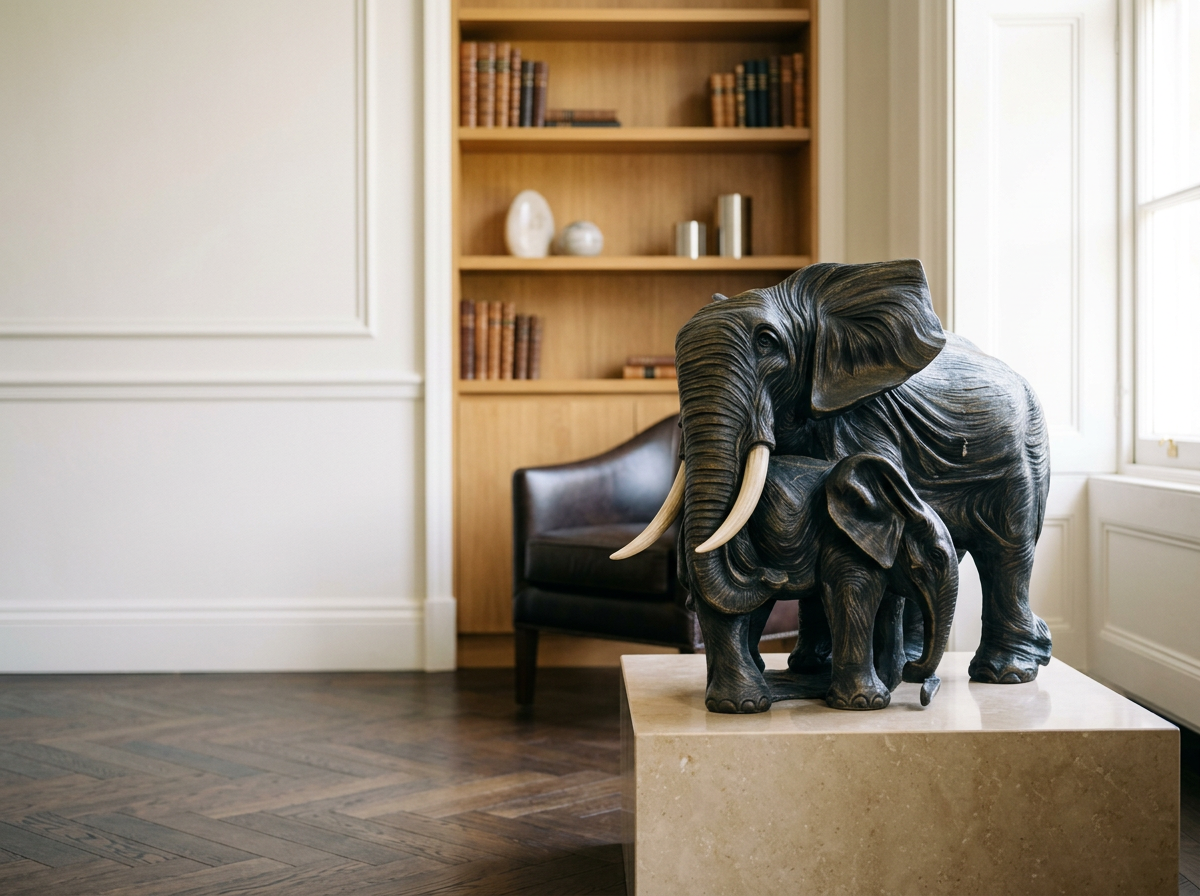A carved wooden elephant sculpture placed on a pedestal in a room with a wooden bookshelf, a black chair, and a window.
