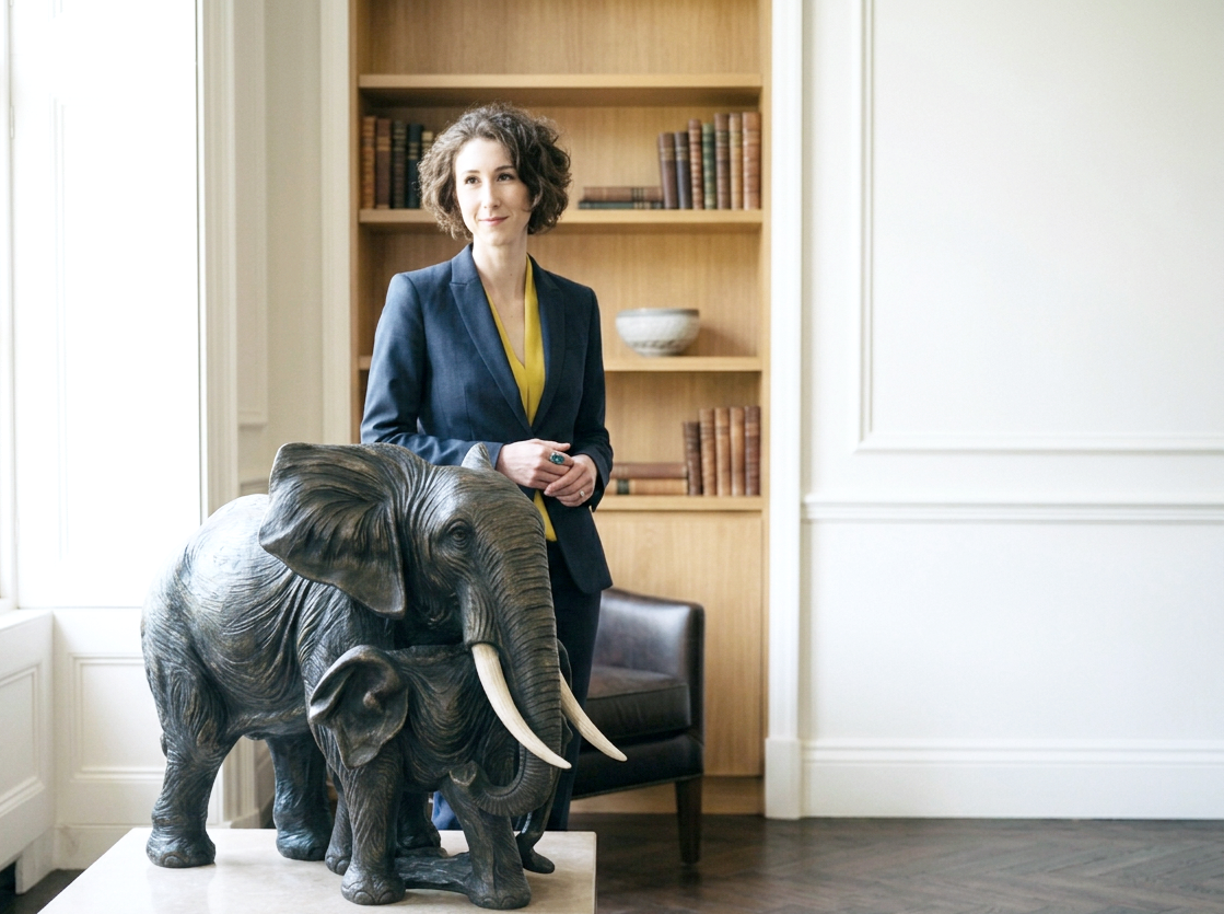 A woman in a navy blazer and yellow blouse standing next to a large elephant statue in a room with wooden bookshelves and white walls.