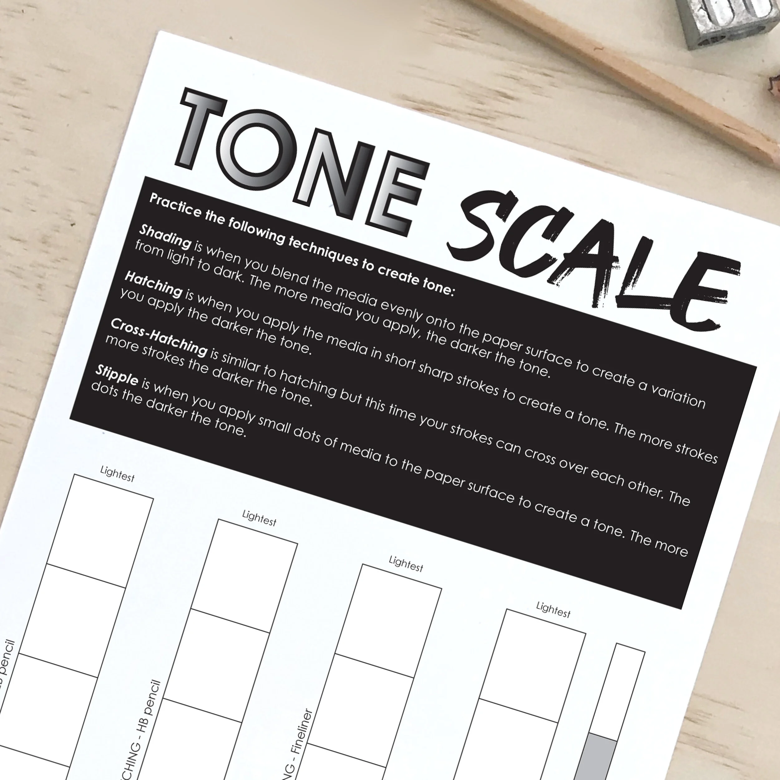 Tone Shading Scale Worksheet Crosshatch Stipple drawing Techniques