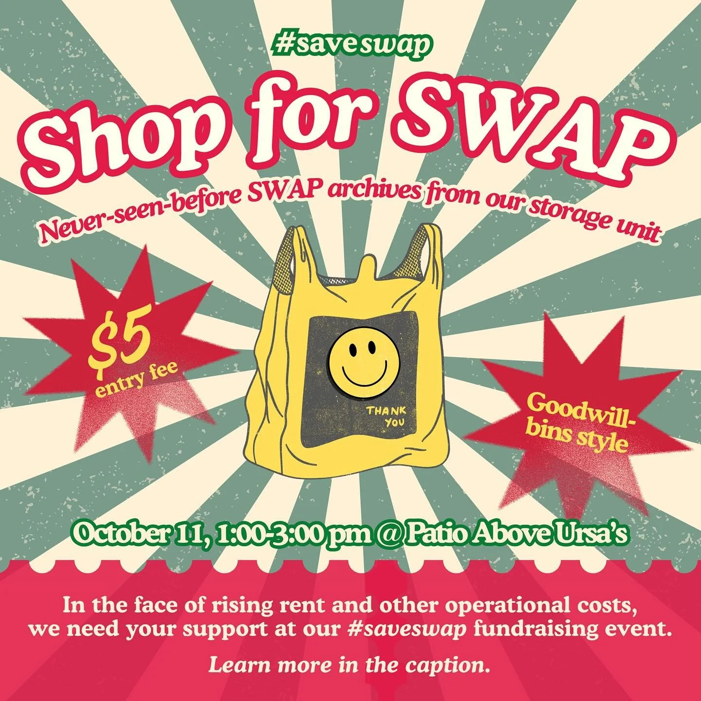 SHOP FOR SWAP at our fundraising event on Saturday, October 11th at the patio above Ursa&rsquo;s! 🛒🪩
For just a $5 entry fee, we have tons of clothes ready for you to thrift :)

Why #saveswap?
SWAP is encountering raises in rent and operational cos