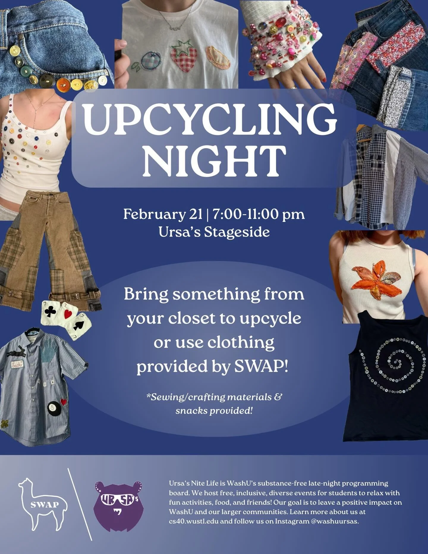 Come to the SWAP x Ursa&rsquo;s upcycling event on February 21st! Bring clothing from home or pick from options provided by SWAP. 🧵♻️🪡