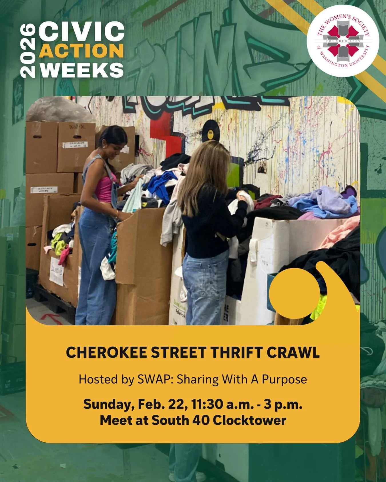 THRIFT CRAWL!! SWAP is partnering with the Gephardt Institute to do a thrift crawl; AKA, we&rsquo;ll drive you around StL to different thrift shops 🚗 Learn more and sign up here OR click the link in our story: https://gephardtinstitute.wustl.edu/cal
