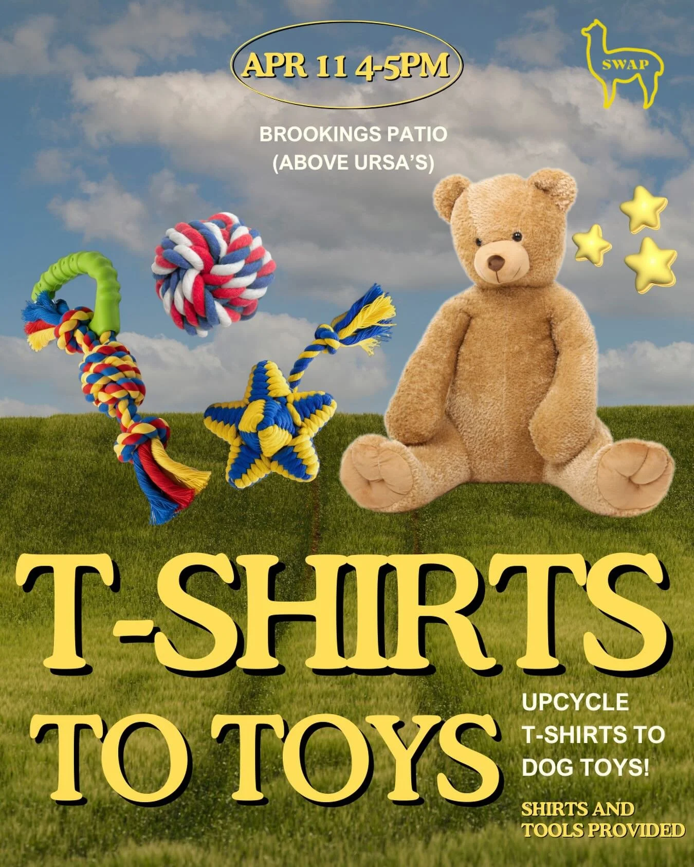 Looking to upcycle? Join us at the SWAP&rsquo;s t-shirt to dog toy event April 11th from 4-5pm at Brookings patio (above Ursa&rsquo;s)! Shirts and tools provided! 🐶🧵🐾