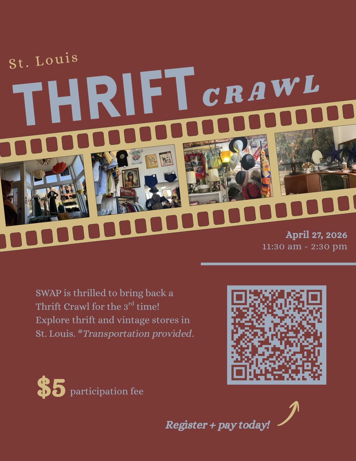 ST. LOUIS THRIFT CRAWL! Come join SWAP on April 27th from 11:30-2:30 to thrift and explore vintage stores around STL. Transportation is provided and there is a $5 participation fee! 🚗 Learn more and register with the QR code! Hope to see you all the