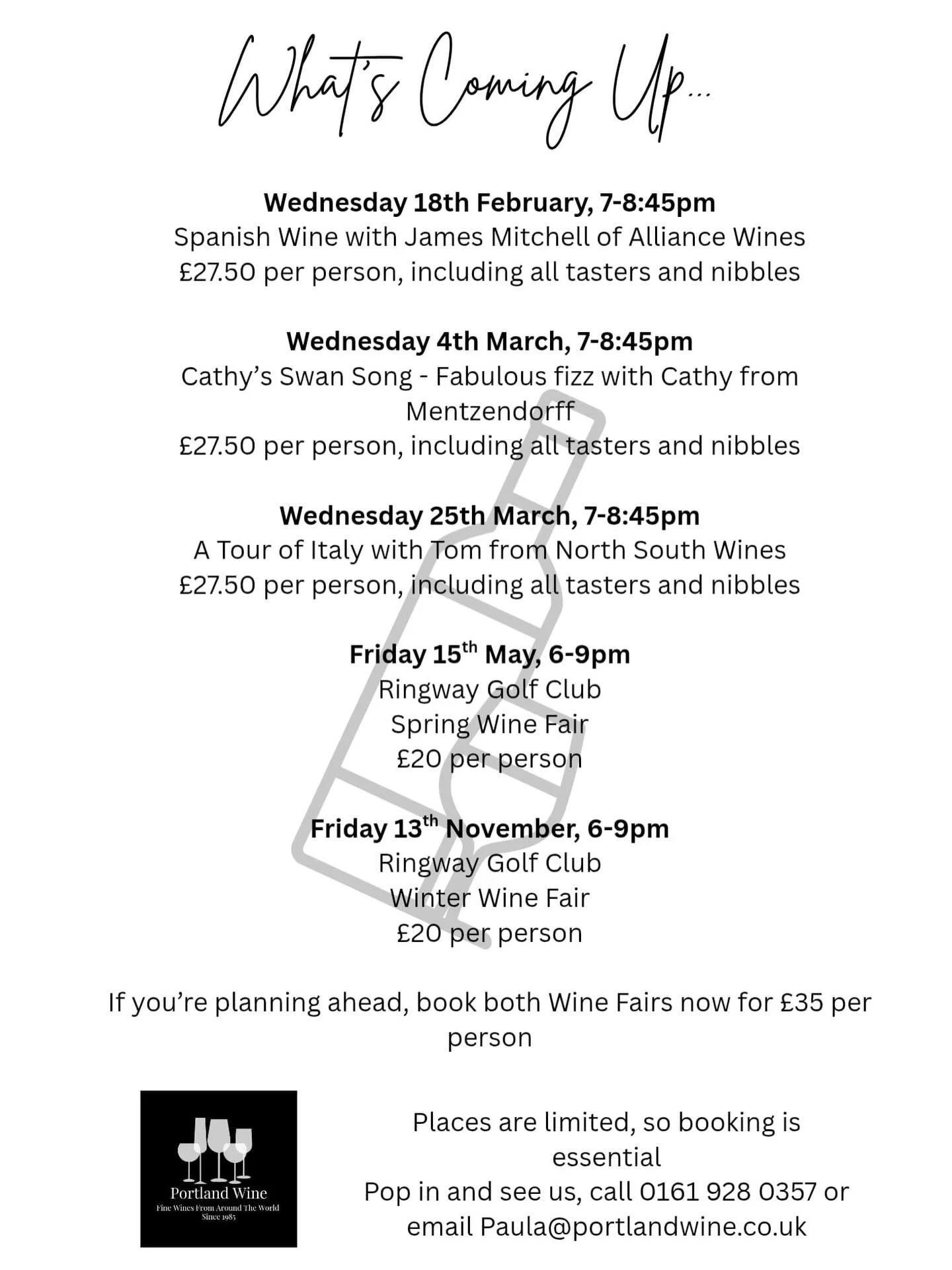 We have a packed calendar coming up over February and March with more to come later in the year.

To book your place pop into Portland Wine Hale and see Paula