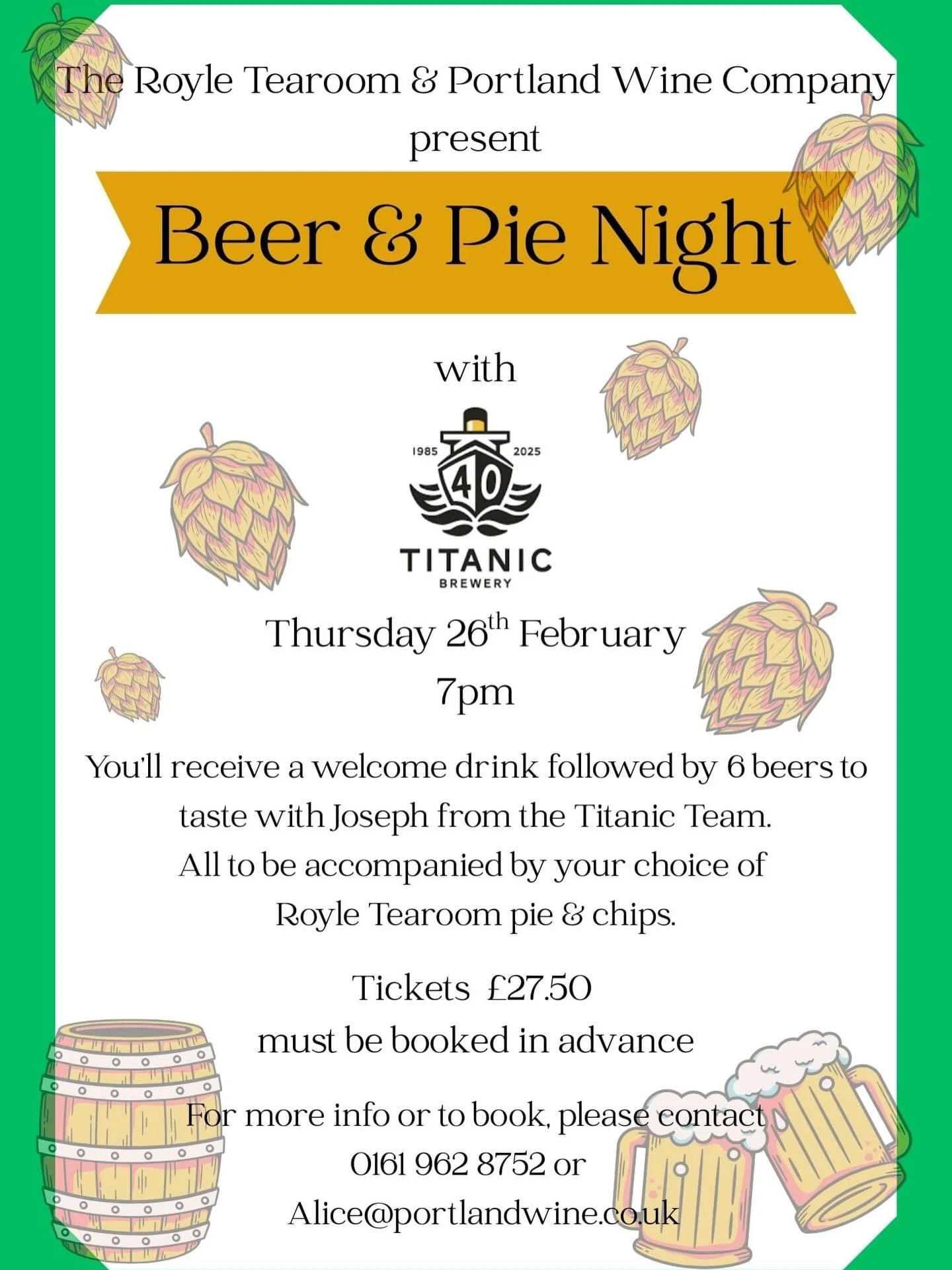 Come and join us at The Royle Tearoom on Thursday 26th February for a great evening with Titanic Brewery.

There will be a welcome drink to kick things off, followed by a tasting of 6 of their beers across a range of styles; we&rsquo;re talking IPA, 