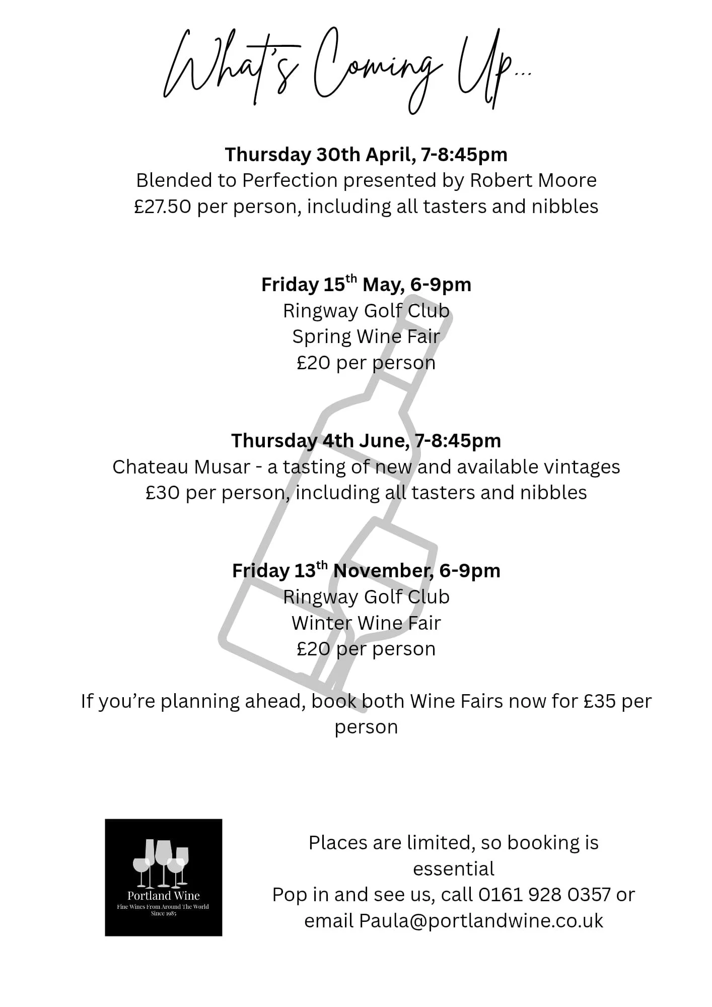 We have a packed calendar coming up over April, May, June and later in the year.

To book your place pop into Portland Wine Hale and see Paula